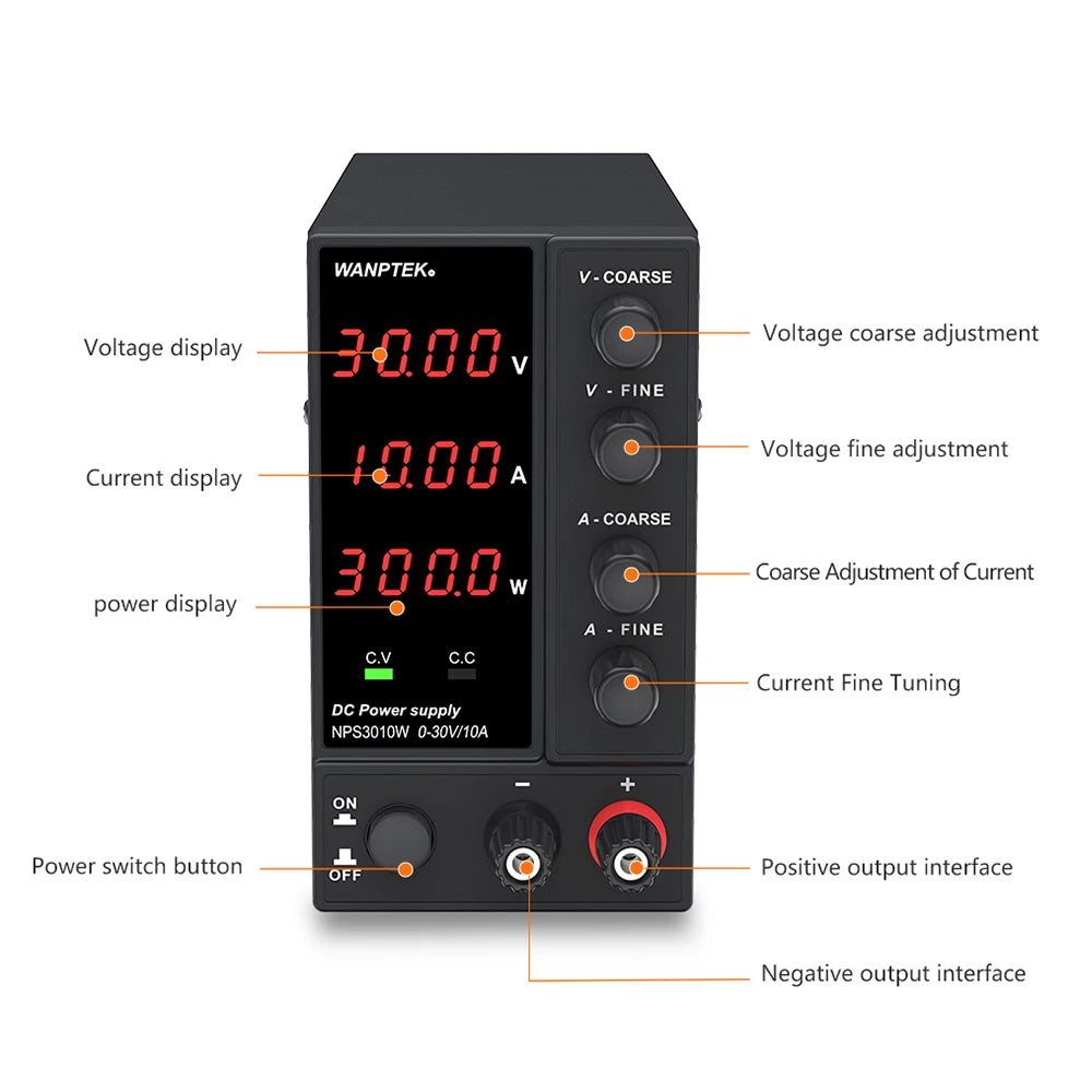 Wanptek Adjustable DC Power Supply 30V 10A 60V 5A Lab Bench Power Source Stabilized Power Supply Voltage Regulator Switch 120V