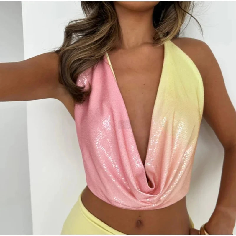 Sexy Sequined Halter Skirt Set Women Sleeveless Lace Up Tops Hip Package A-line Skirts 2025 Summer Lady Chic Party Beach Outfits