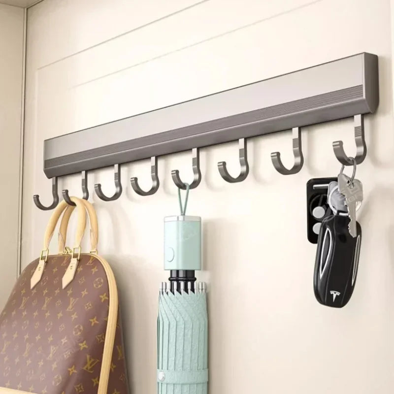 Kitchen Hook Wall Mounted Kitchen Storage Rack Storage Row Hook Holder No Punch Shelves with Movable Hook Kitchen Utensil