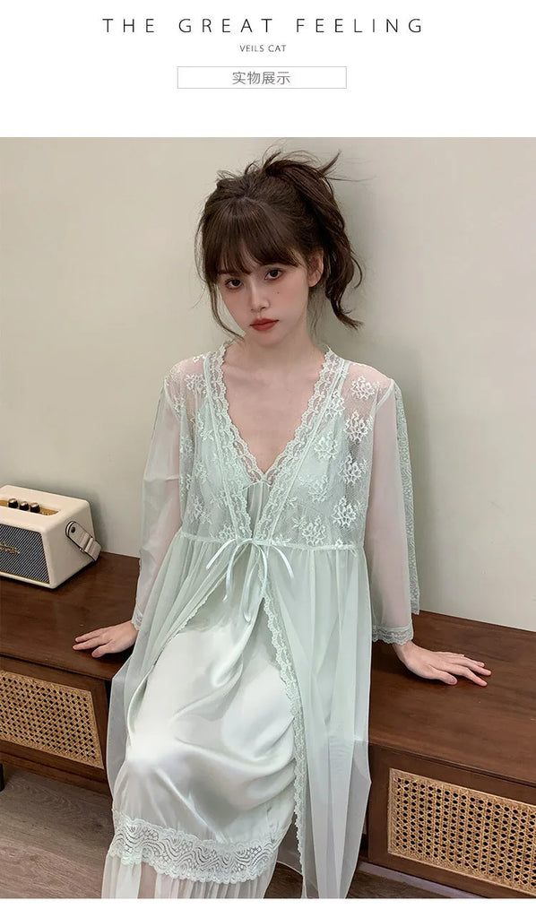 Female Nighty&Robe Set Perspective Temptation Nightgown Intimate Lingerie Spring Summer Silk Satin Sleepwear Loose Home Dress