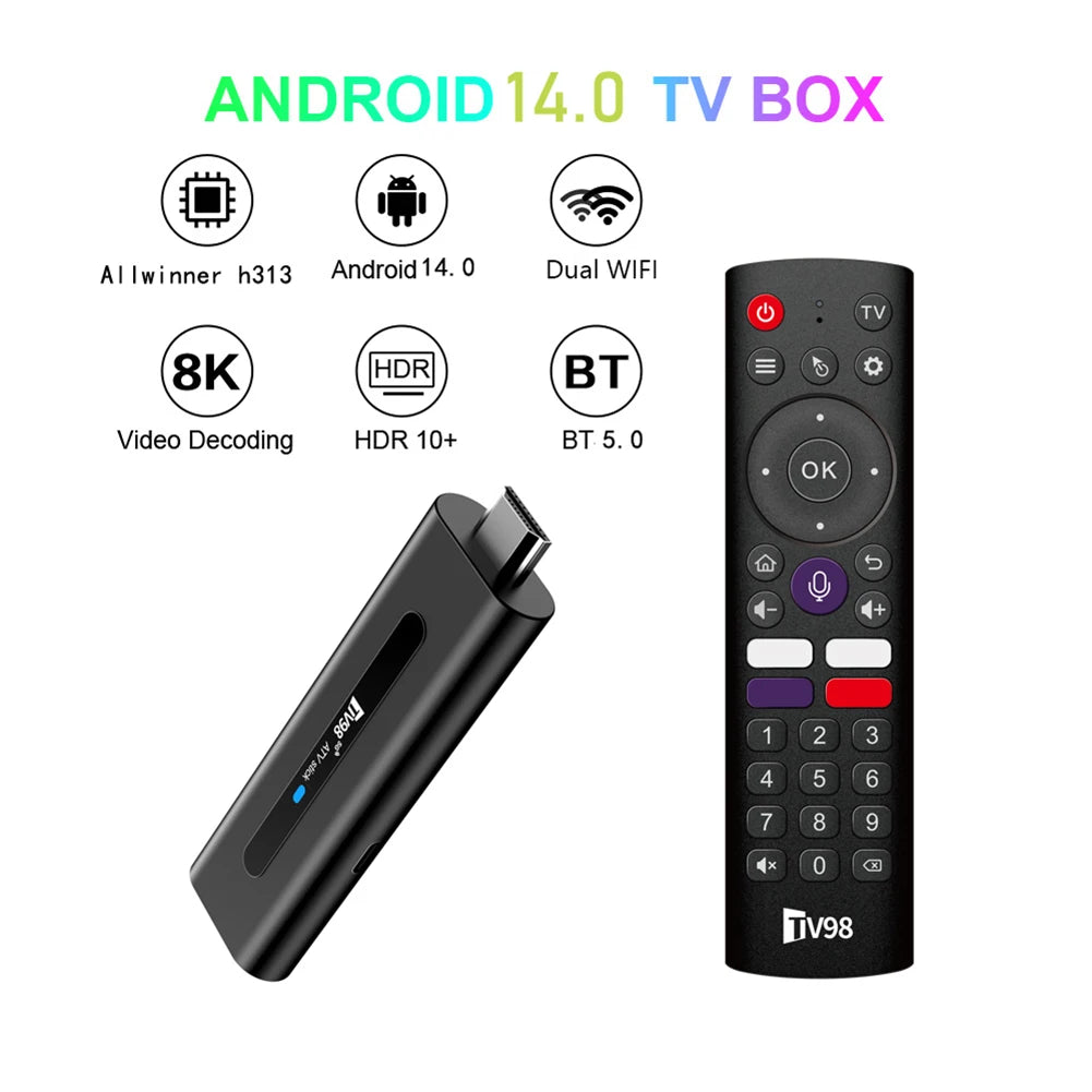 TV98 Android 14.0 TV Stick ATV Smart TV Box 8K 2.4G 5G WiFi Quad Core BT5.0 Android TV Stick 14.0 Smart TV Stick Allwinner H313