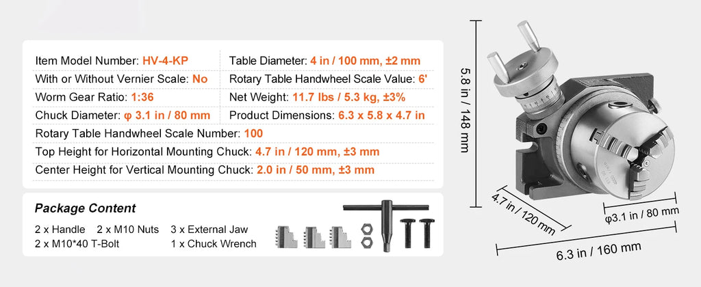 SucceBuy Precision Milling Rotary Table 4''/100mm Horizontal Vertical Model with 3-Jaw Chuck Indexing Tools for Milling Machines