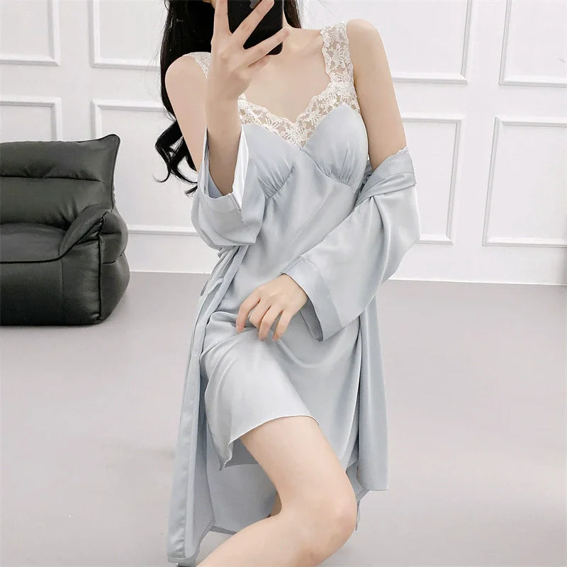 Sexy Female Nighty&Robe Set Intimate Lingerie Spring Summer Kimono Bathrobe Gown Sleepwear Two Piece Set Loose Satin Home Dress