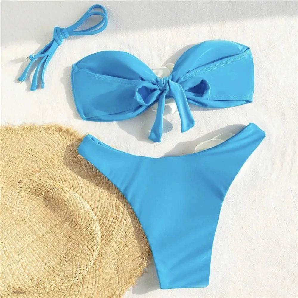 Sexy Flower Bandeau Swimwear Thong Bikini 2025 Women Lace-up Swimsuit Swimming Bathing Suit Brazilian Bikinis Sets Mujer Biquini