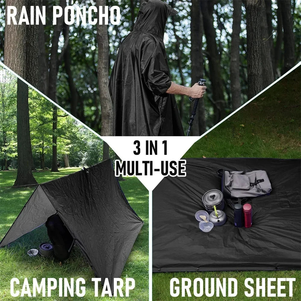 Waterproof Rain Poncho Lightweight Hooded Rain Coat Picnic Mat Blanket Sun Shelter for Outdoor Camping Hiking Cycling Climbing