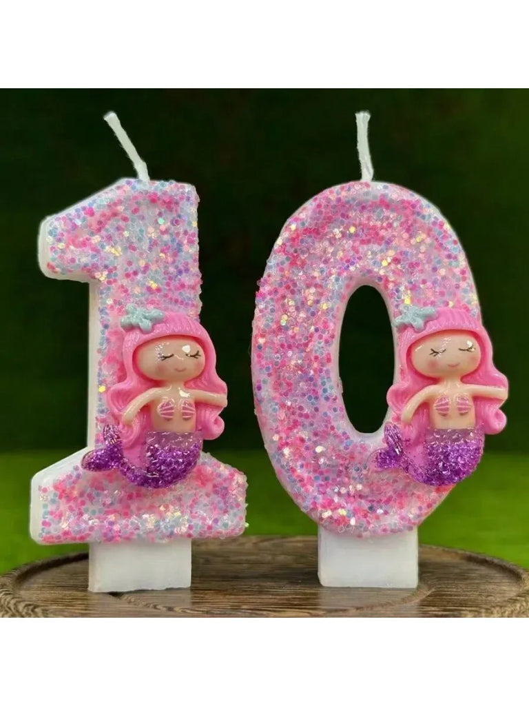 Sanrio Handmade DIY1pc Number 0-9 Pink cartoon mermaid Digital Candles with Sequins Suitable for Birthday Party Cake Decoration