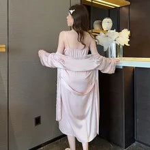 Sexy Lace Wedding Nighty&Robe Set Dress New Women Nightwear Suspender Nightgown Chemise Sleepwear Lingerie Silk Satin Home Wear