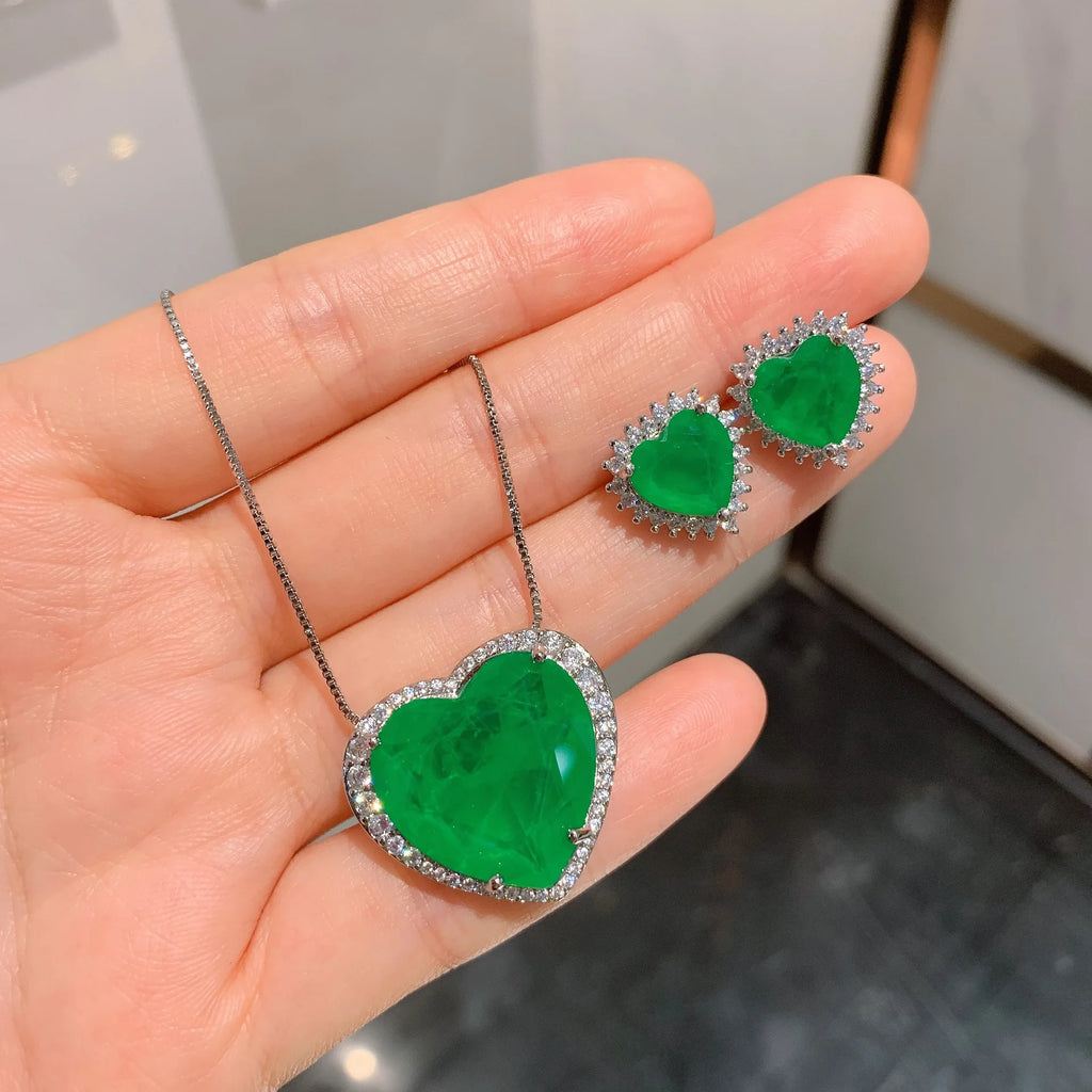 2023 Trend Heart Love Paraiba Tourmaline Cubic Zircon Crystal Pendant  Necklace Vintage Earring Wedding Jewelry Anniversary Gift