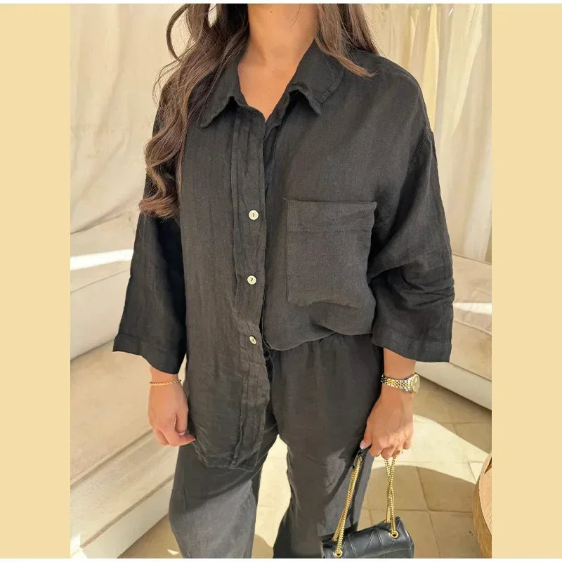 Women Vintage Solid Loose Pants Suit Lapel Single Breasted Long Sleeve Shirt Wide Leg Pants 2 Pcs Set 2025 New Ladies Streetwear