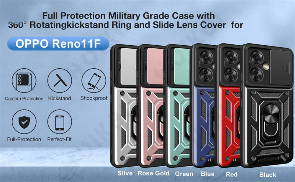 Case for OPPO Reno 11F 11 10 5G Pro Camera Lens Cover Phone Case Ring Stand Armor TPU Antill Silicone Rotate Cover