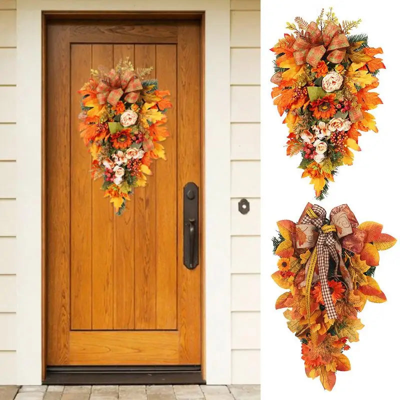Thanksgiving Front Door Decorations Fall Wreath Door Wreath With Pumpkins/Berries/Maple Leaves Harvest Wreath For Autumn Party