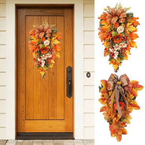 Thanksgiving Front Door Decorations Fall Wreath Door Wreath With Pumpkins/Berries/Maple Leaves Harvest Wreath For Autumn Party