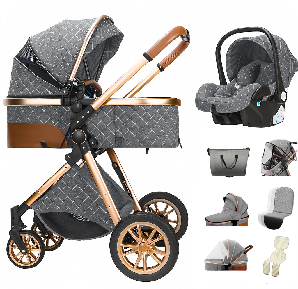 Luxurious Baby Stroller 3 in 1 Portable Travel Baby Carriage Folding Prams High Landscape Aluminum Frame Car for Newborn Baby