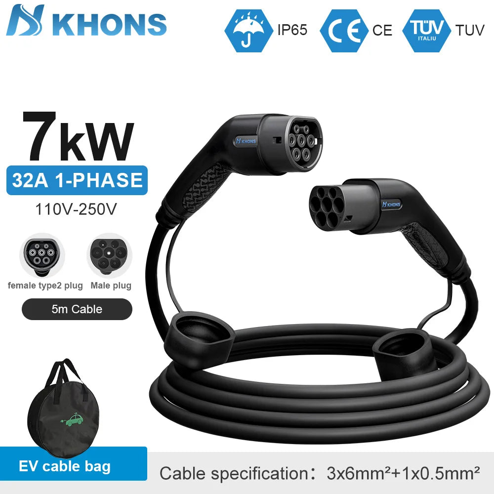 Khons 7KW EV Cable Type2 To Type2 Ev Charging 32A EV Cable Type2 Female To Male Plug EVES Charging Stations 5M Cable TPU IP65