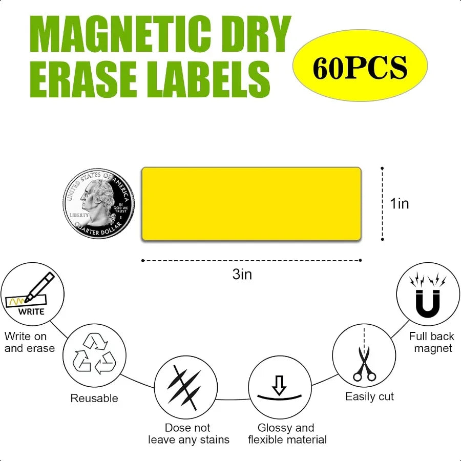 Dry Erase Magnetic Labels 1x3Pack of 60 Write On Magnets Sticker Real Waterproof Reusable for ClassroomandOfficeandCabinetandwh