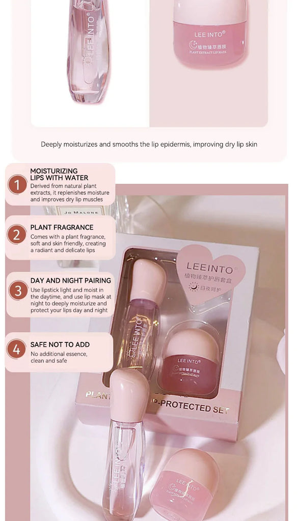 Leeinto Plant Essence Lip Care Set: Moisturizing, Long-Lasting Nourishment, Gentle Formula, Lightweight Texture, Lip Gloss, Lip Mask, Enhances Complexion, Pre-Makeup Primer, Essential for Daily Commuting and Dating, Night Car