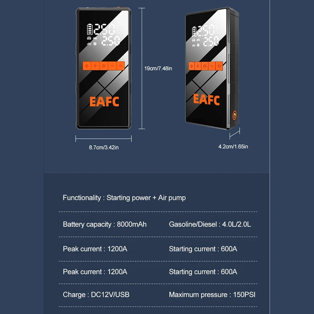 2 in 1 Car Jump Starter with Air Compressor Car Battery Emergency Boosters 1200A 12V Power Bank Portable Starting Device