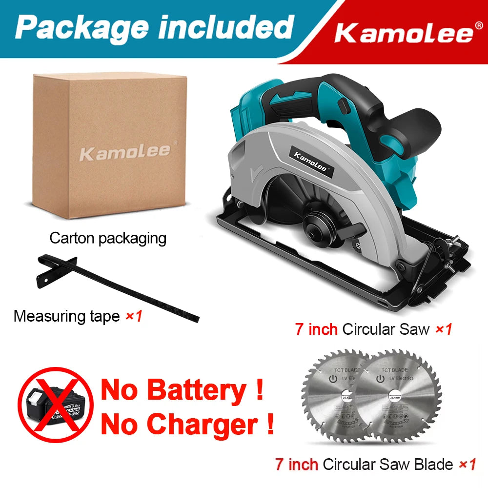 Kamolee 7 inch 21V 6.0Ah 6000mAh Electric Circular Saw  for Home DIY Apply to 18V 21V Battery
