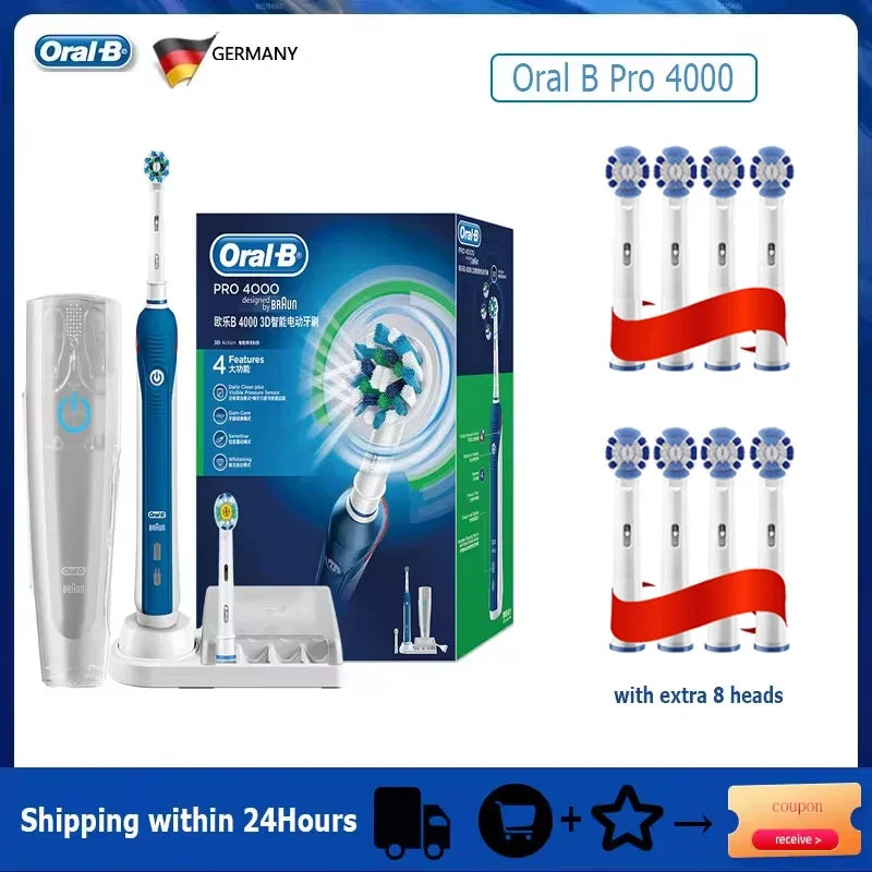 Oral B Pro 4000 Electric Toothbrush Rechargeable 3D Visible Pressure Sensor 4 Modes Sonic Tooth Brush for Adults Oral Cleaning