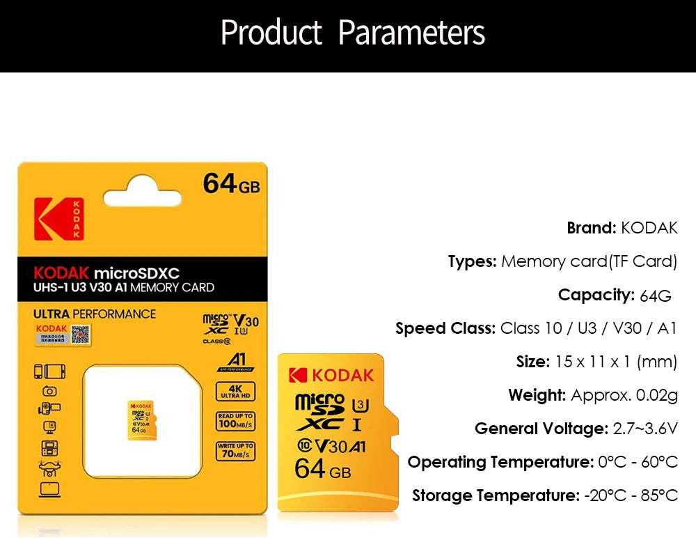 Kodak Micro SD Card Memory Card Class 10 64GB U3 4K High Speed Cartao De Memoria Flash Memory TF Mecard C10