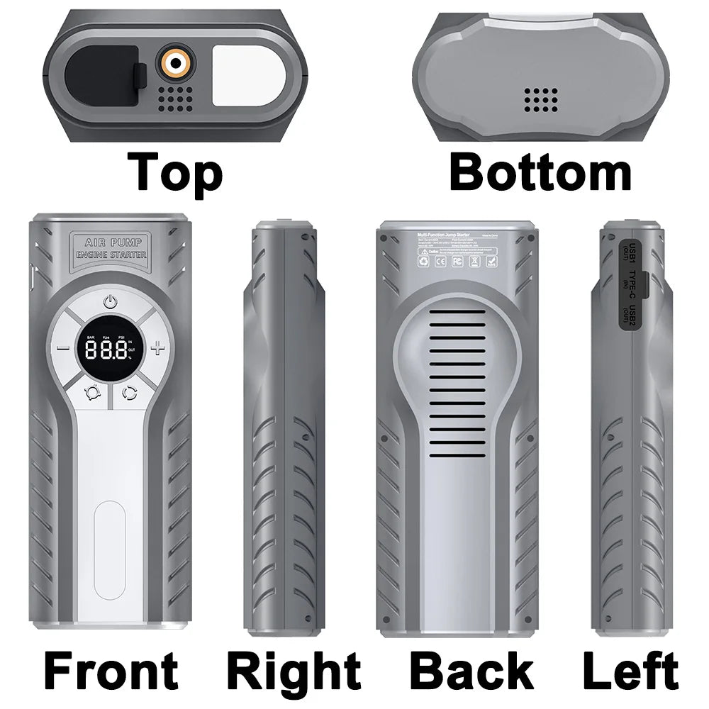 2000A Car Jump Starter Air Pump Multi-Function 4 In 1 Air Compressor Power Bank Car Battery Starter Starting Auto Tyre Inflator