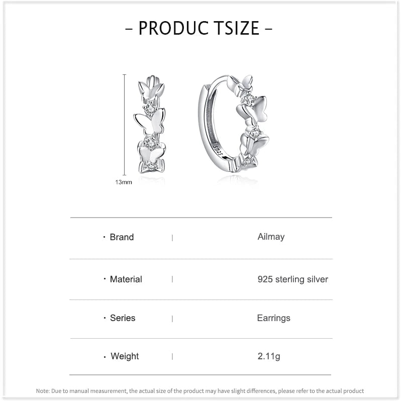 Ailmay 925 Sterling Silver Trendy Butterfly Zircon Hoop Earrings Charm Animal Ear Buckles For Women Christmas Gift Fine Jewelry