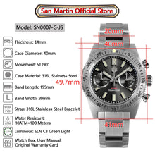 Load image into Gallery viewer, San Martin Men Watch 62mas Chronograph 40mm Fashion Business Luxury ST1901 Manual Mechanical Watches Sapphire 10Bar Luminous