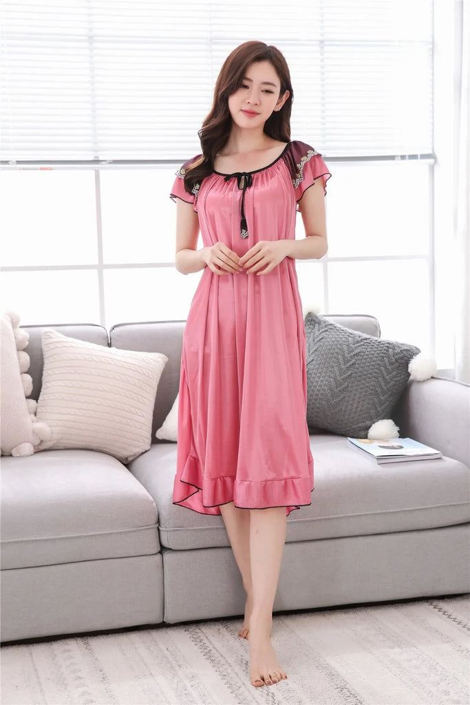 Sexy Nightgown Women 2025 Long Female Summer Short Sleepwear Faux Satin Bow Nightdress Round Neck Nightwear For Ladies  Nighty
