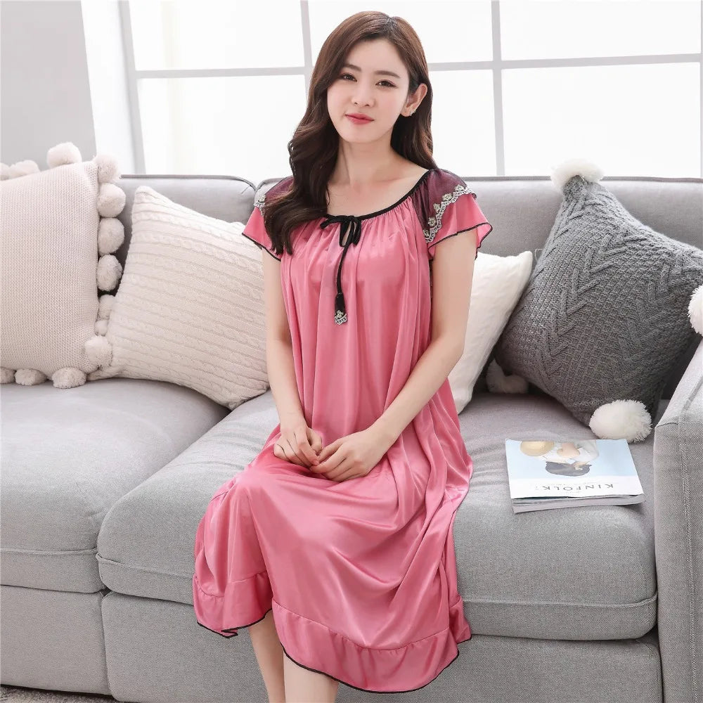 Sexy Nightgown Women 2025 Long Female Summer Short Sleepwear Faux Satin Bow Nightdress Round Neck Nightwear For Ladies  Nighty