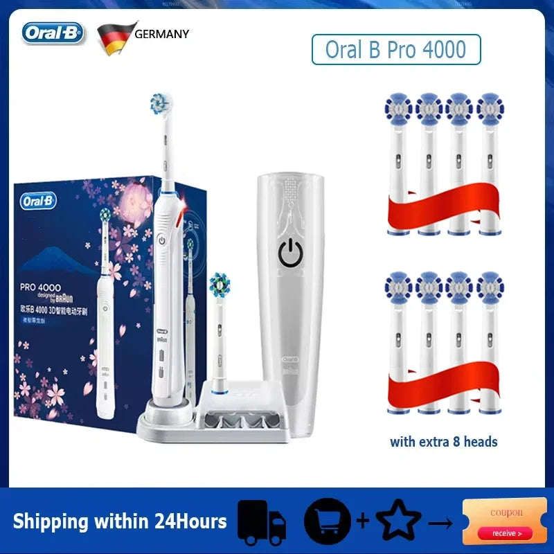 Oral B Pro 4000 Electric Toothbrush Rechargeable 3D Visible Pressure Sensor 4 Modes Sonic Tooth Brush for Adults Oral Cleaning