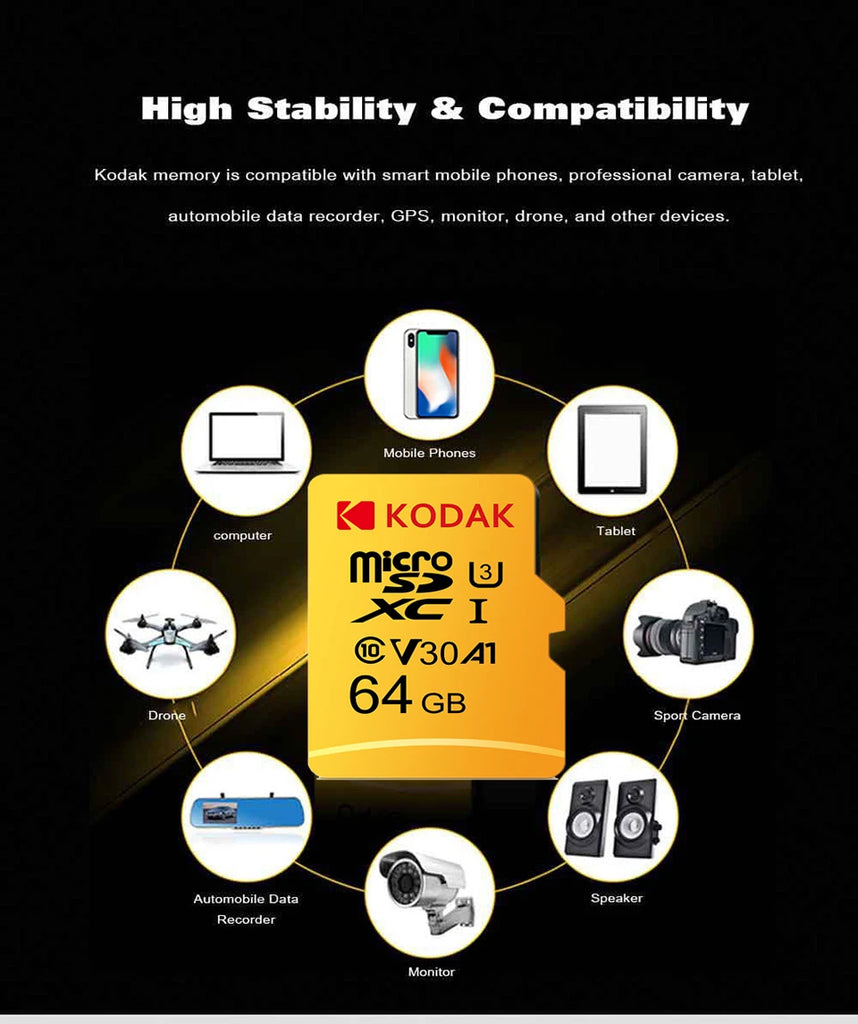 Kodak Micro SD Card Memory Card Class 10 64GB U3 4K High Speed Cartao De Memoria Flash Memory TF Mecard C10