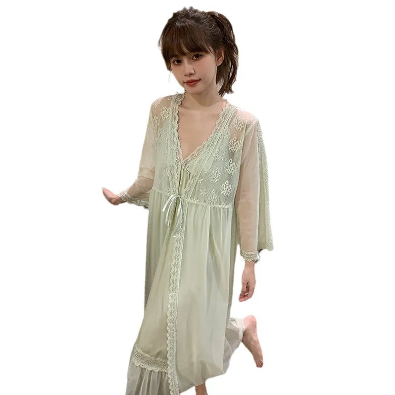Female Nighty&Robe Set Perspective Temptation Nightgown Intimate Lingerie Spring Summer Silk Satin Sleepwear Loose Home Dress