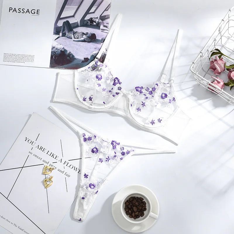 Lingerie Women Sexy Underwear Set Embroidery Lingerie Set Transparent Bra Set Sexy Fashion Solid Color Underwear For Female