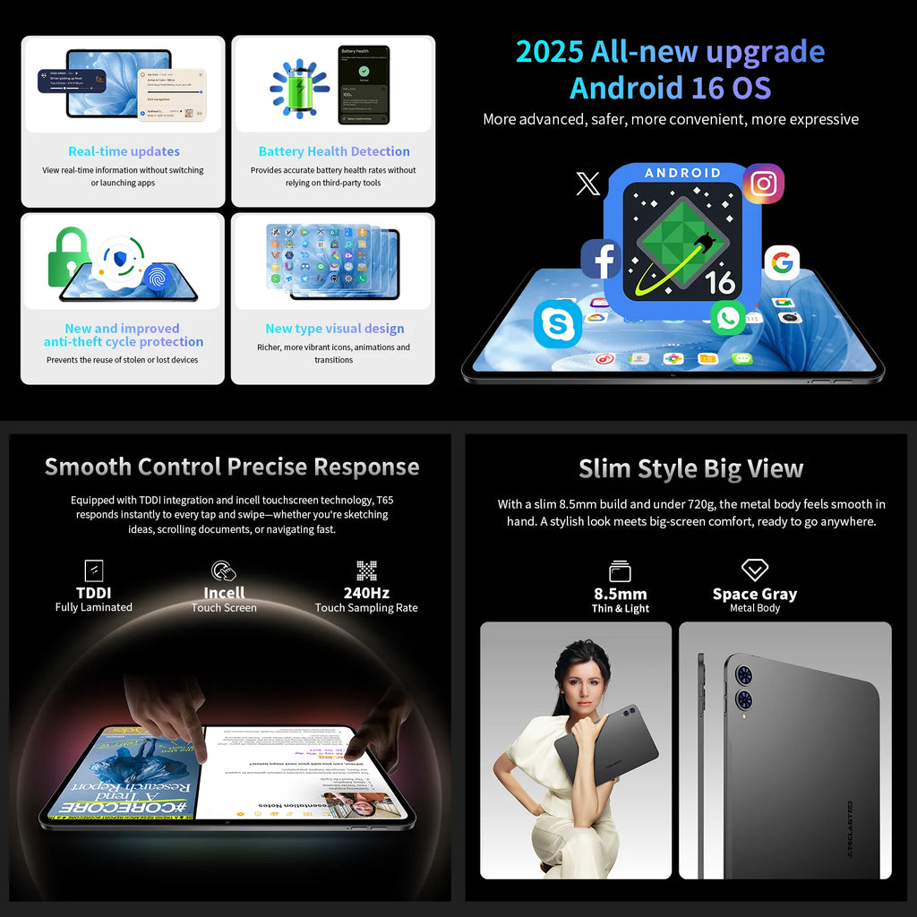 Teclast T65 Android 16 Tablet 13.4 inch 1920x1200 120Hz T7280 8-Core Max 20GB RAM(8GB+12GB Expansion) 128GB ROM 4G LTE 8000mAh