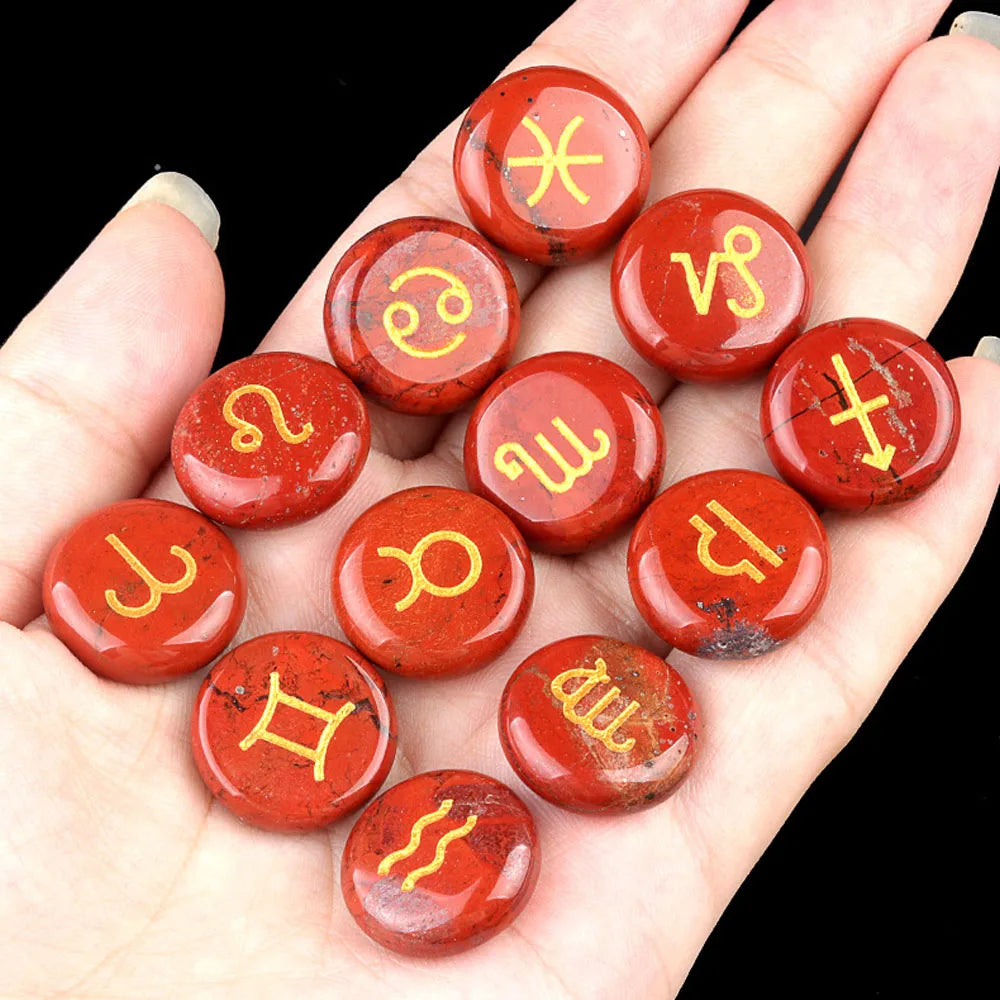 12pcs 18mm Round Zodiac Ornament Natural Stone Crystal Agate 12 Zodiac Sign Rune Reiki Stone Jewelry Accessories Christmas Gift