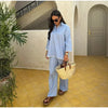 Women Vintage Solid Loose Pants Suit Lapel Single Breasted Long Sleeve Shirt Wide Leg Pants 2 Pcs Set 2025 New Ladies Streetwear