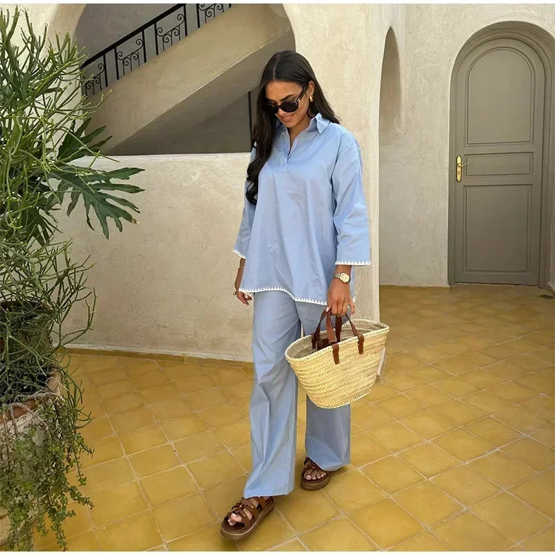 Women Vintage Solid Loose Pants Suit Lapel Single Breasted Long Sleeve Shirt Wide Leg Pants 2 Pcs Set 2025 New Ladies Streetwear