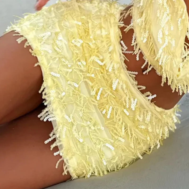 Sexy Sequined Halter Skirt Set Women Sleeveless Lace Up Tops Hip Package A-line Skirts 2025 Summer Lady Chic Party Beach Outfits