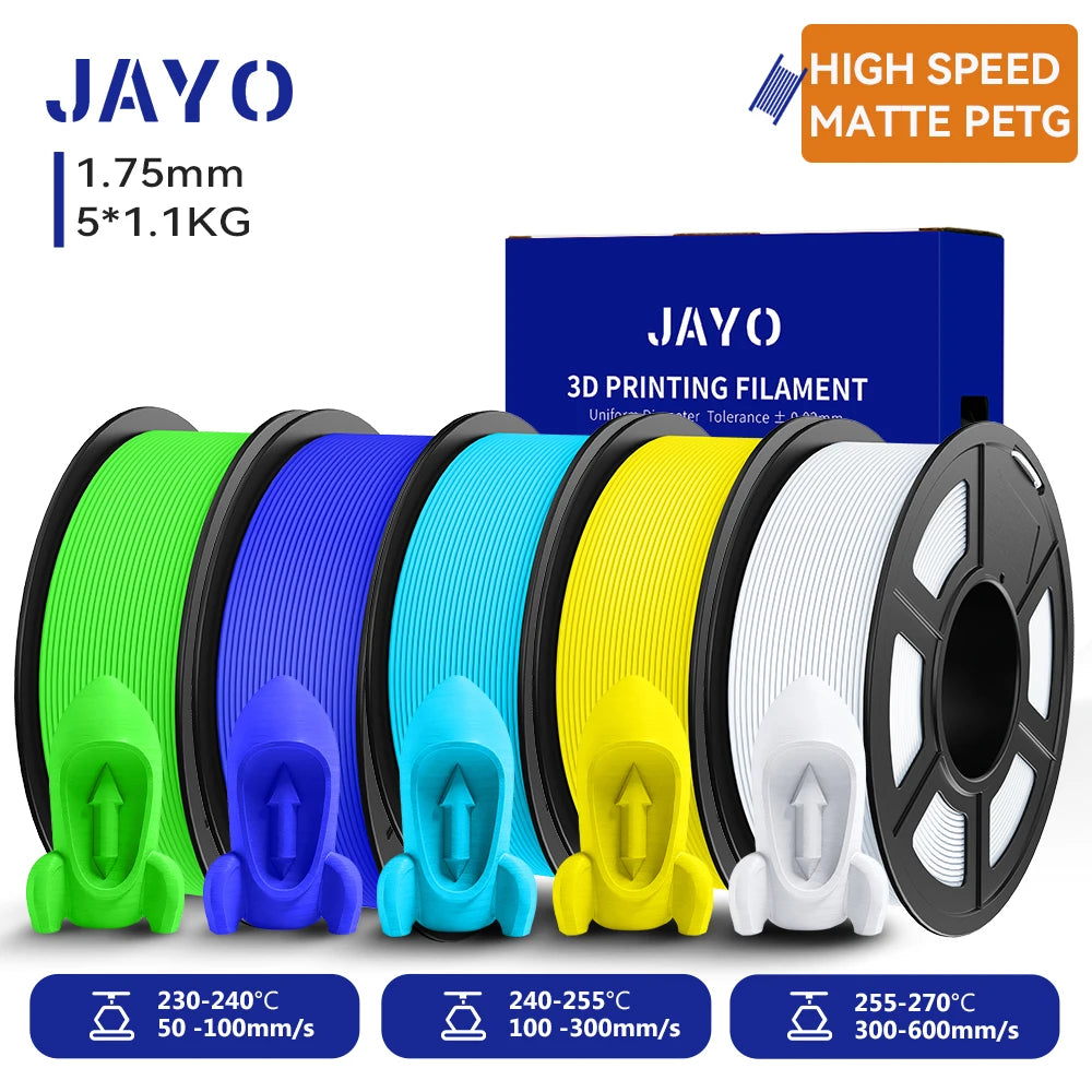 JAYO PETG 3D Filament 1.75MM High Speed PETG 3D Printer Filament 4Rolls High Flow Speedy Matte Effect 3D Printing Mateials