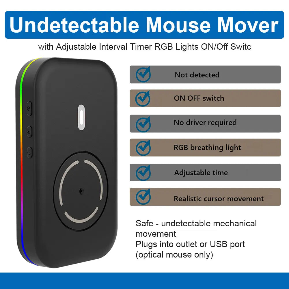 Undetectable Mouse Mover Jiggler 4 Modes Automatic Mouse Wiggler with Adjustable Interval Timer ON/Off Switch RGB Lights