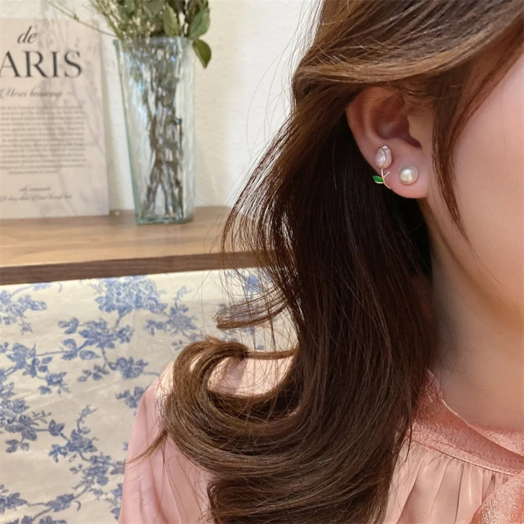 2pc French Tulip Flower Stud Earrings Light Luxury Imitation Pearl Earrings Women's Fashion Summer Female Ear Jewelry Party Gift