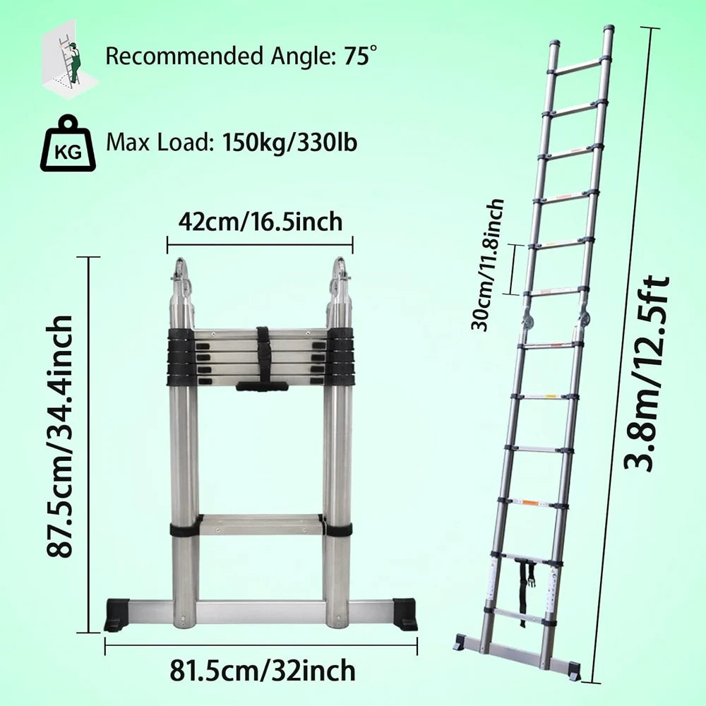 Ladders Extendable Telescopic 2.6M-5M Heavy Duty Multi Purpose Straight Loft Ladder Portable Folding Stainless Steel Ladder Tool