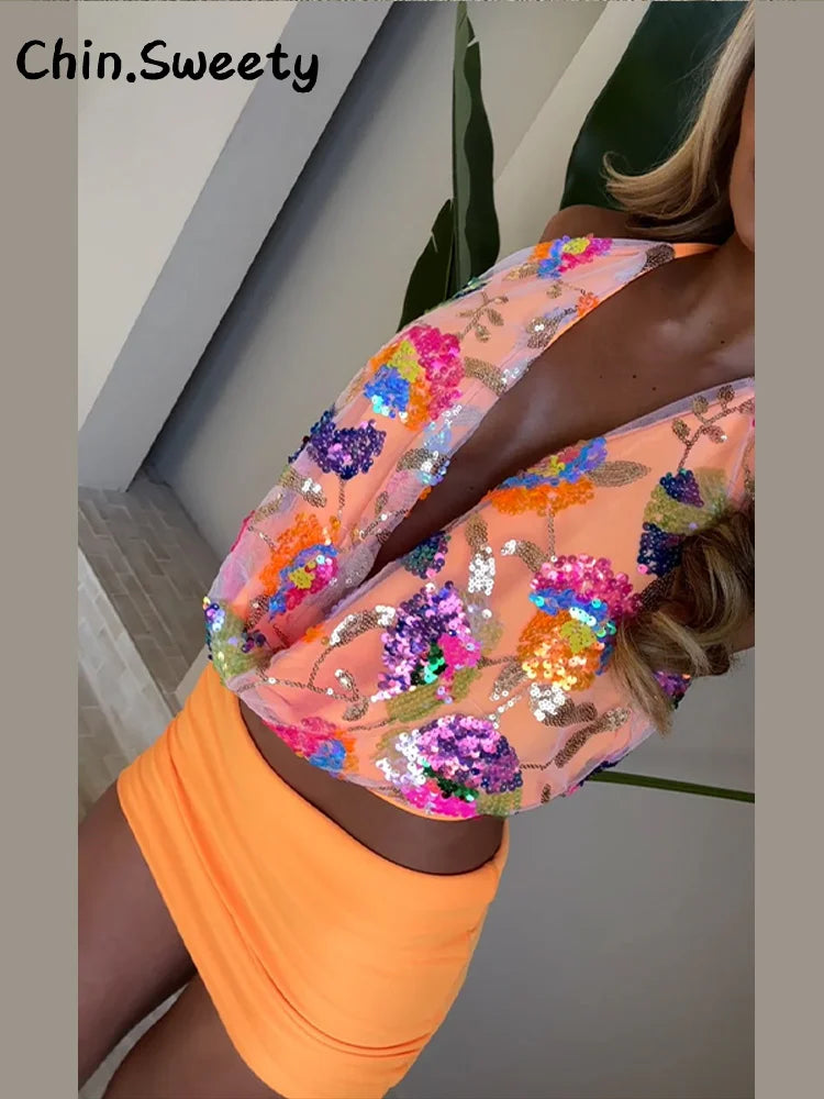 Sexy Sequined Halter Skirt Set Women Sleeveless Lace Up Tops Hip Package A-line Skirts 2025 Summer Lady Chic Party Beach Outfits