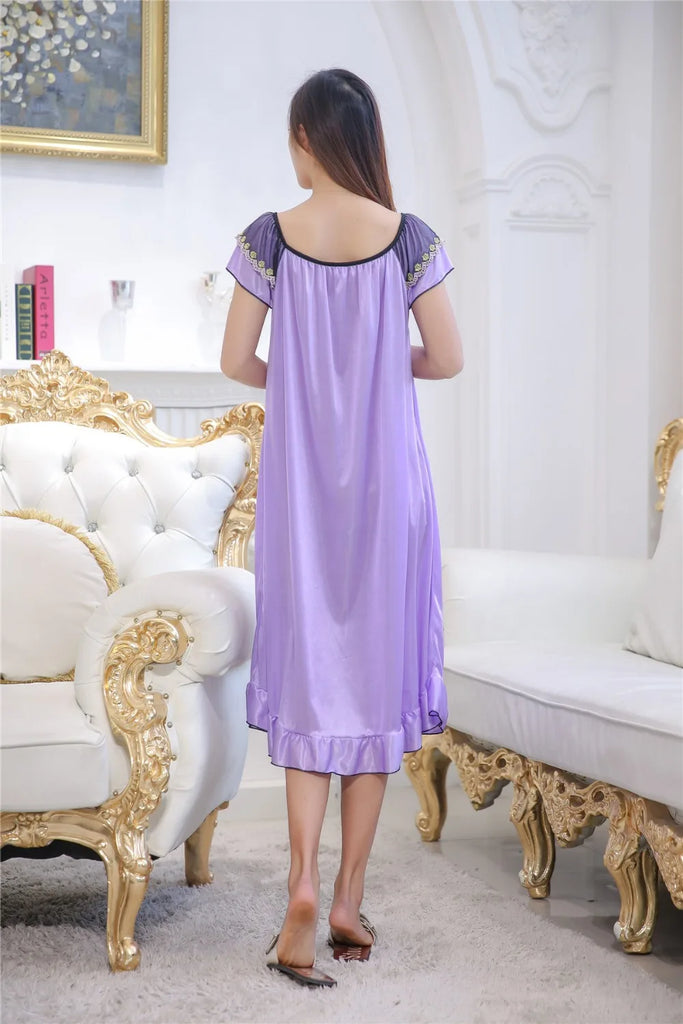 Sexy Nightgown Women 2025 Long Female Summer Short Sleepwear Faux Satin Bow Nightdress Round Neck Nightwear For Ladies  Nighty