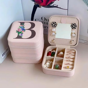 Flower&alphabet Jewelry Box Ring Boxes Travel Leather Jewellery Case Letter Print Bridesmaid Proposal Birthday Christmas Gift
