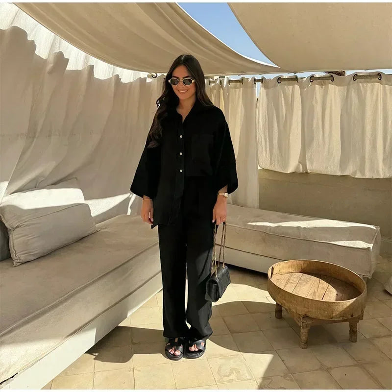 Women Vintage Solid Loose Pants Suit Lapel Single Breasted Long Sleeve Shirt Wide Leg Pants 2 Pcs Set 2025 New Ladies Streetwear