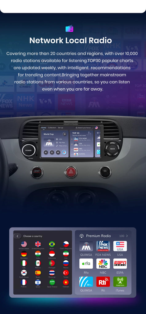 AWESAFE Wireless CarPlay for Apple Android 13 Auto Radio for FIAT 500 Abarth 2007 2008 2009-2015 Multimedia Screen Stereo GPS