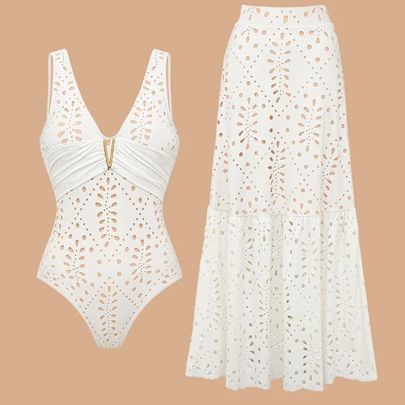 Women Bikini Set Swimsuit Sexy V Neck Solid Color Laser Cutting Flower Swimsuit Beachwear Luxury Summer Beachwear Dress