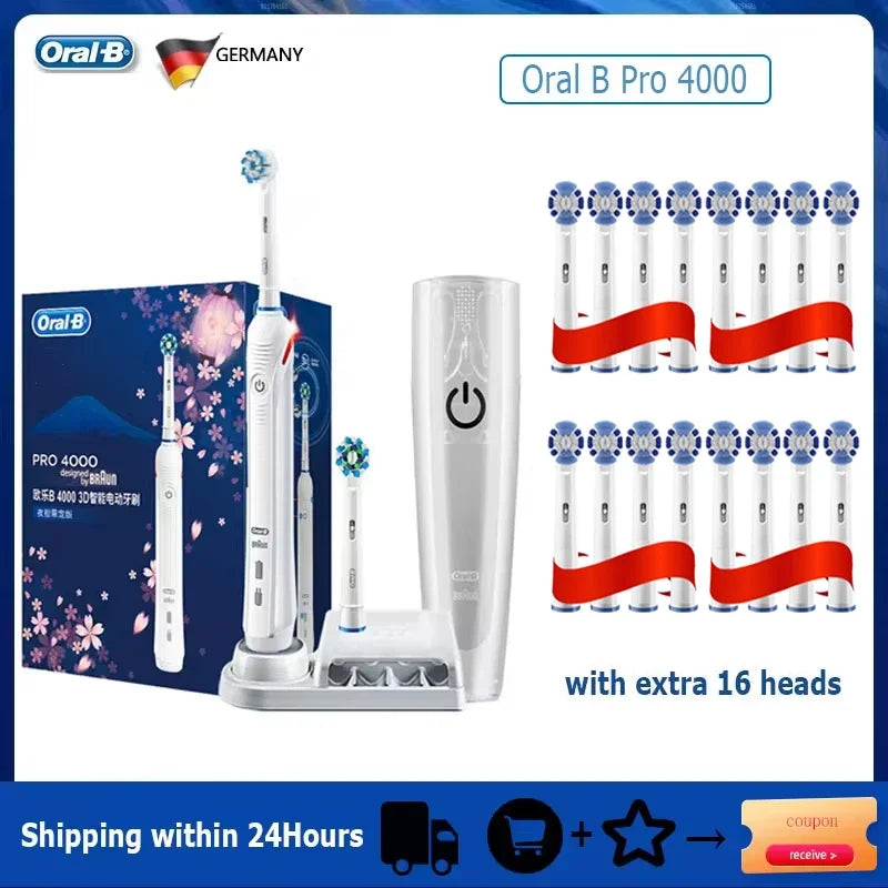 Oral B Pro 4000 Electric Toothbrush Rechargeable 3D Visible Pressure Sensor 4 Modes Sonic Tooth Brush for Adults Oral Cleaning