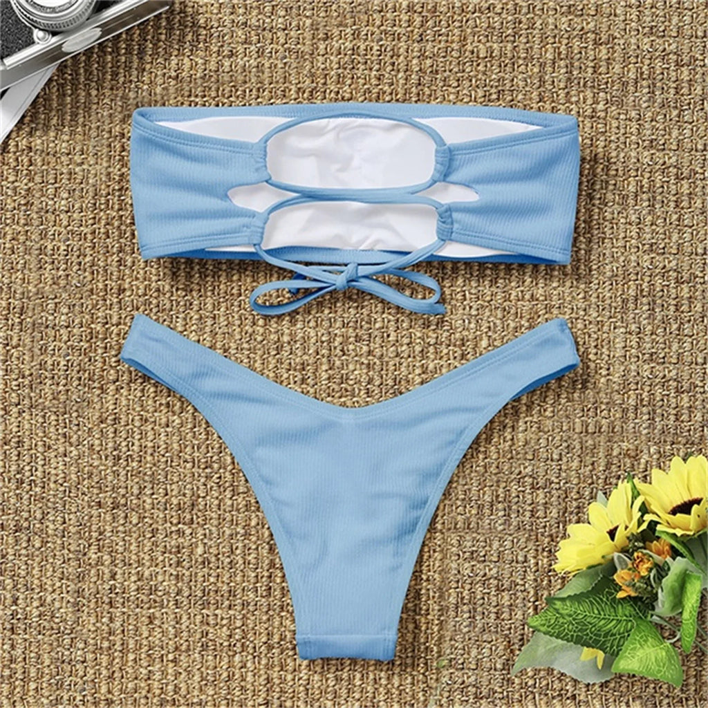 Sexy Textured Bikini 2024 Bandeau Swimsuit Women Swimwear Push Up Bikini Set Solid Bathing Suit Beach Wear Biquini Female